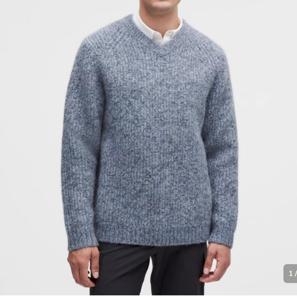 Lululemon Alpaca Wool Blend V Neck Sweater Heathered Shale Blue Men's Size M
